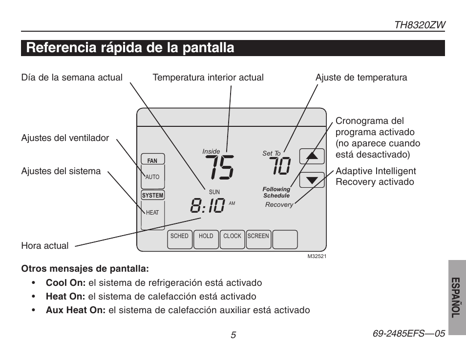 Referencia rápida de la pantalla | Honeywell TH8320ZW User Manual | Page 55 / 72