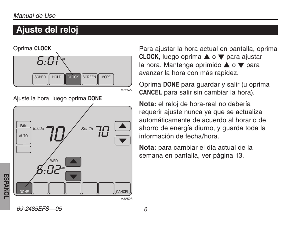 Ajuste del reloj | Honeywell TH8320ZW User Manual | Page 56 / 72