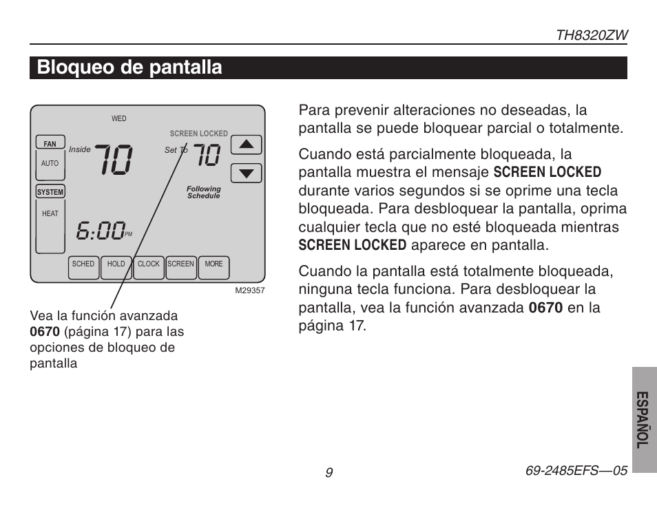 Bloqueo de pantalla | Honeywell TH8320ZW User Manual | Page 59 / 72