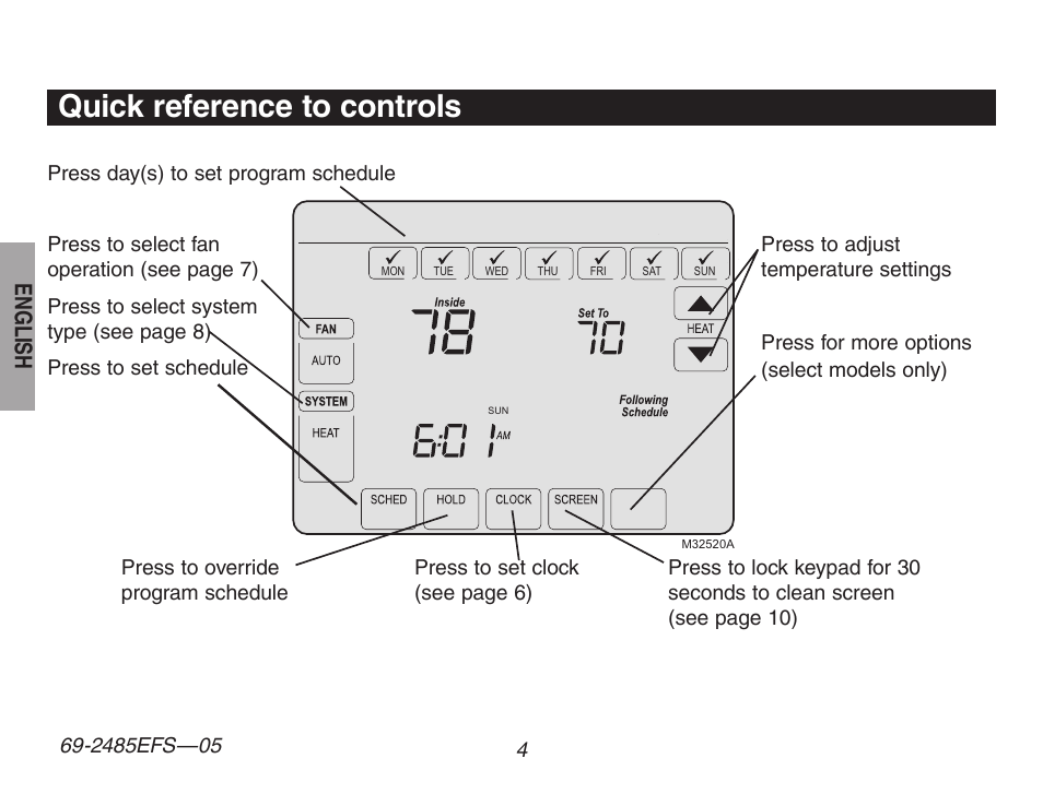 Quick reference to controls, English | Honeywell TH8320ZW User Manual | Page 6 / 72