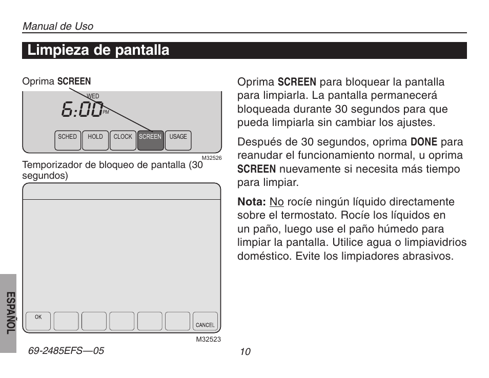 Limpieza de pantalla | Honeywell TH8320ZW User Manual | Page 60 / 72