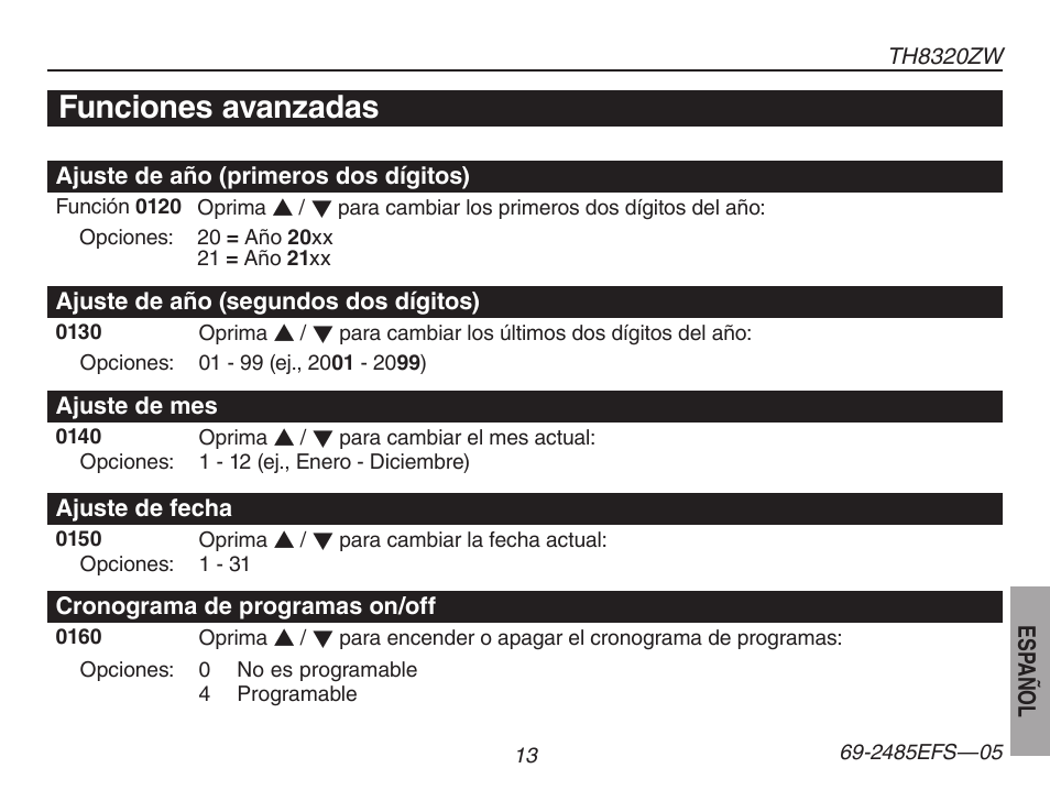 Funciones avanzadas | Honeywell TH8320ZW User Manual | Page 63 / 72