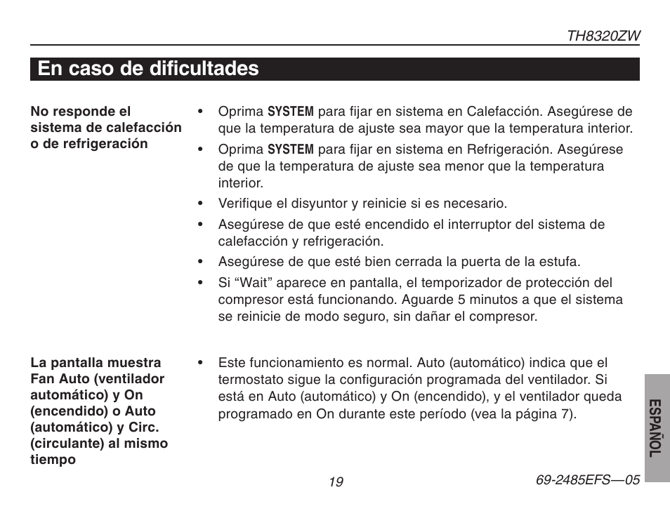 En caso de dificultades | Honeywell TH8320ZW User Manual | Page 69 / 72