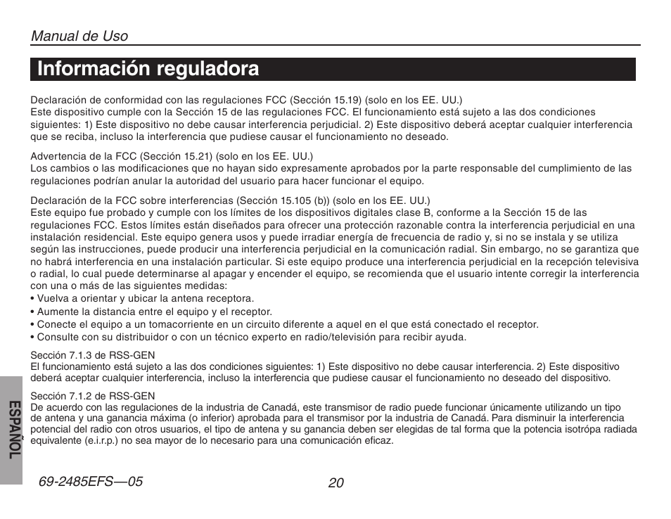 Información reguladora, Esp añol, Manual de uso | Honeywell TH8320ZW User Manual | Page 70 / 72