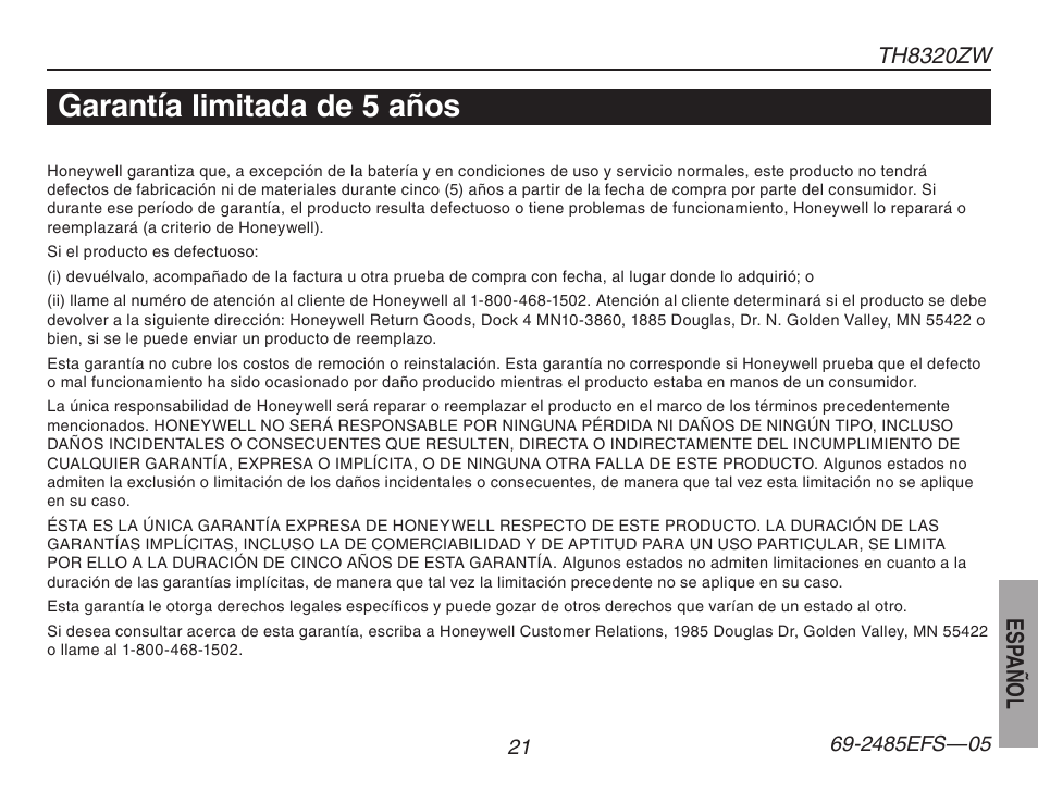 Garantía limitada de 5 años | Honeywell TH8320ZW User Manual | Page 71 / 72