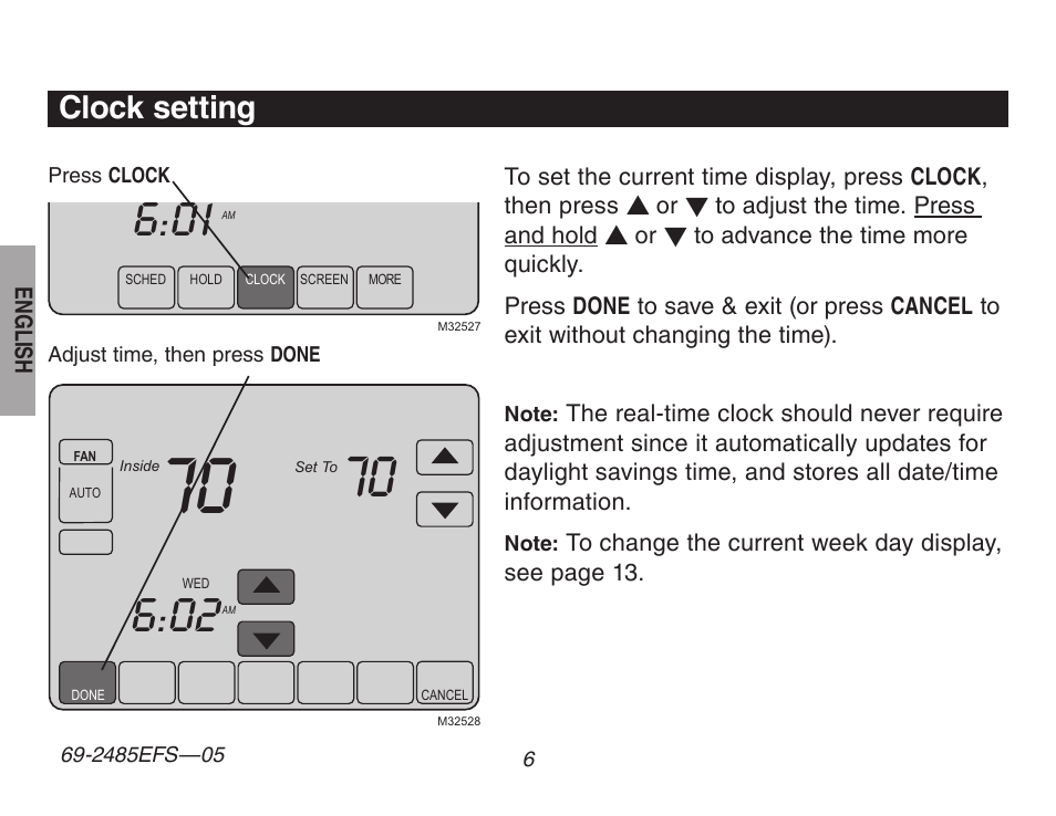 Clock setting | Honeywell TH8320ZW User Manual | Page 8 / 72