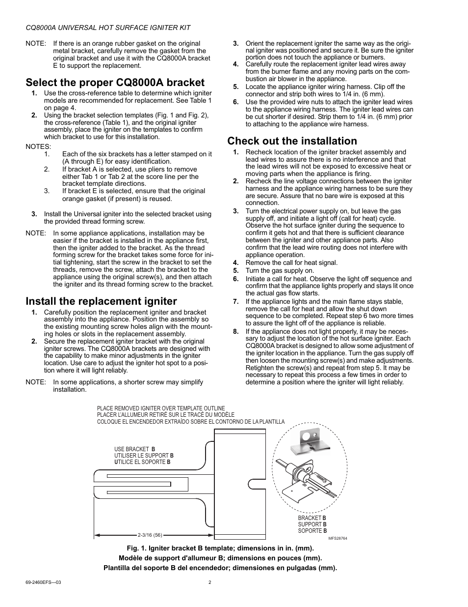 Select the proper cq8000a bracket, Install the replacement igniter, Check out the installation | Honeywell CQ8000A User Manual | Page 2 / 8