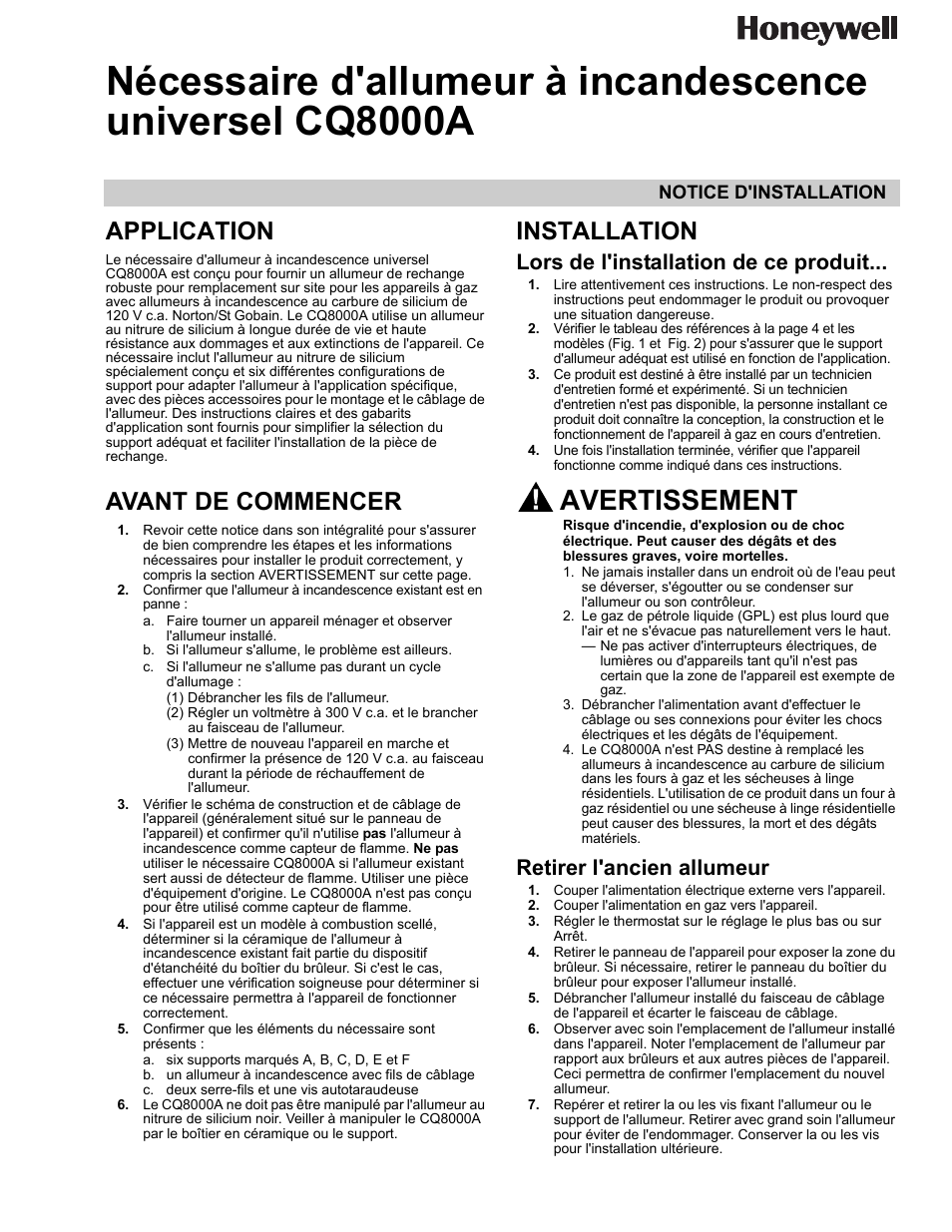 Application, Avant de commencer, Installation | Lors de l'installation de ce produit, Retirer l'ancien allumeur, Avertissement | Honeywell CQ8000A User Manual | Page 5 / 8