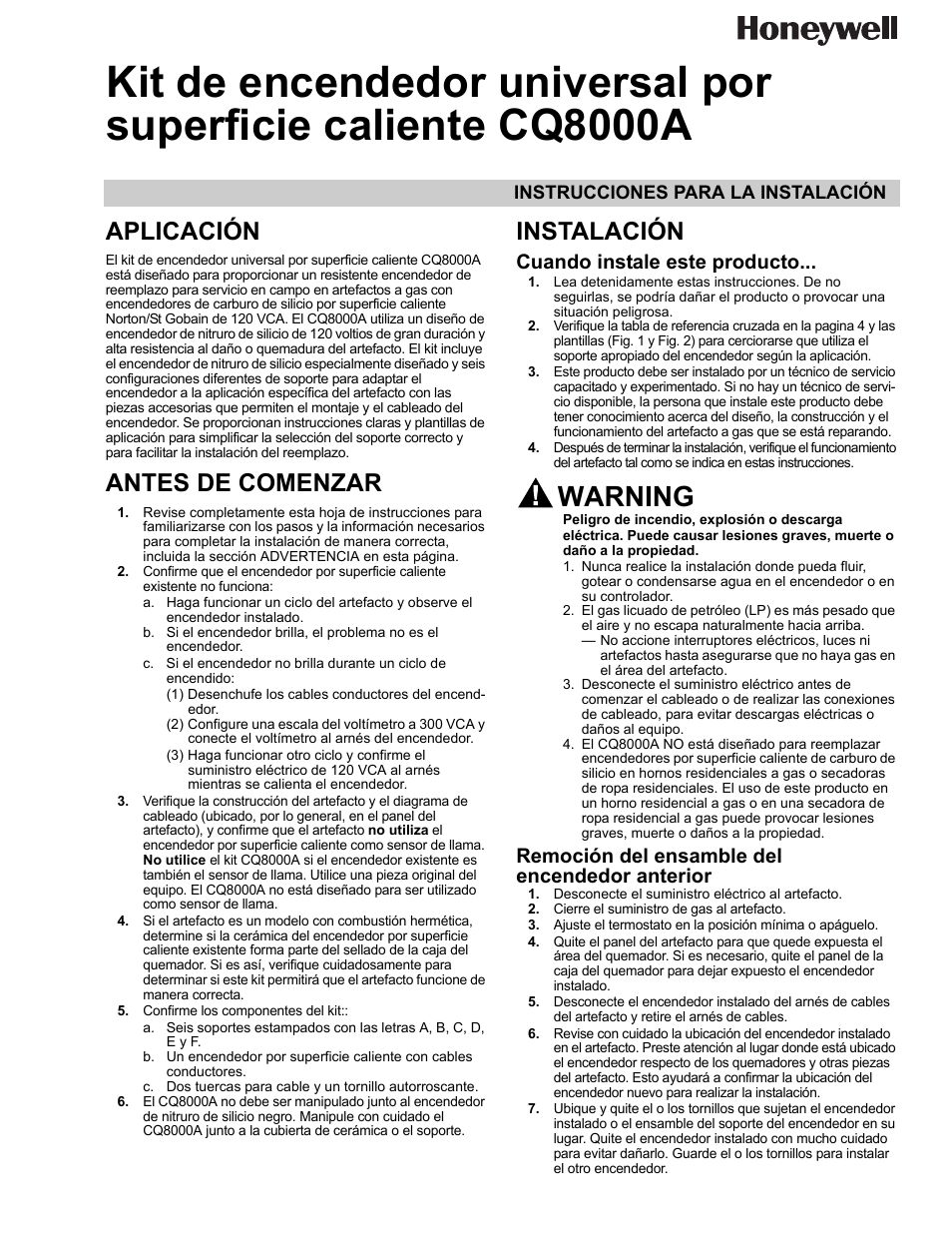 Aplicación, Antes de comenzar, Instalación | Cuando instale este producto, Remoción del ensamble del encendedor anterior, Warning | Honeywell CQ8000A User Manual | Page 7 / 8