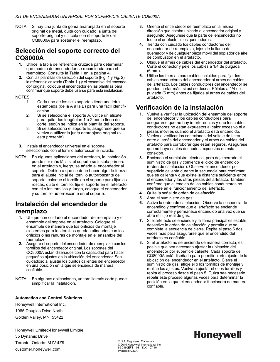 Selección del soporte correcto del cq8000a, Instalación del encendedor de reemplazo, Verificación de la instalación | Honeywell CQ8000A User Manual | Page 8 / 8