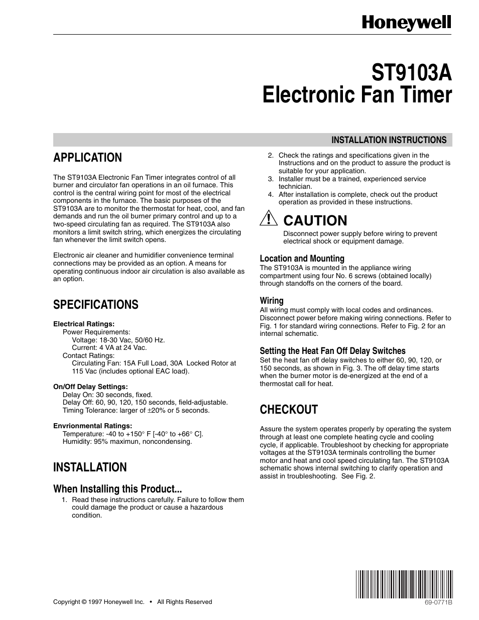 Honeywell ST9103A User Manual | 6 pages