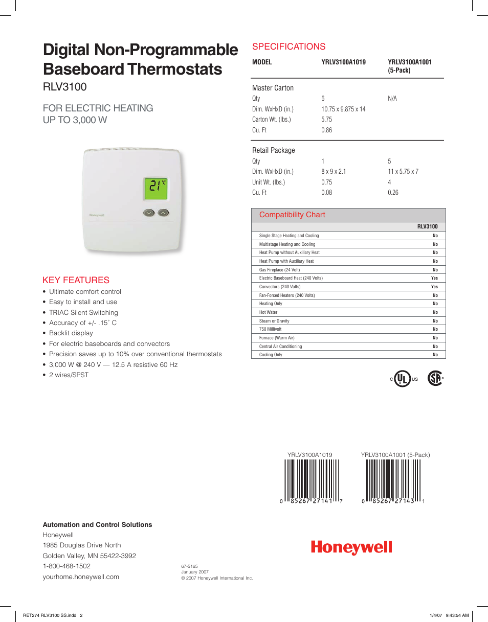 Digital non-programmable baseboard thermostats, Rlv3100, For electric heating up to 3,000 w | Key features, Specifications, Compatibility chart | Honeywell DIGITAL MANUAL THERMOSTATS RLV3100 User Manual | Page 2 / 2