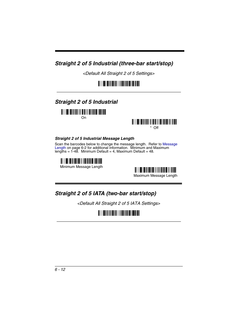 Straight 2 of 5 industrial, Straight 2 of 5 industrial message length, Straight 2 of 5 industrial -12 | Straight 2 of 5 industrial message length -12, Straight 2 of 5 iata (two-bar start/stop), Straight 2 of 5 industrial (three-bar start/stop) | Honeywell 2020 User Manual | Page 100 / 188