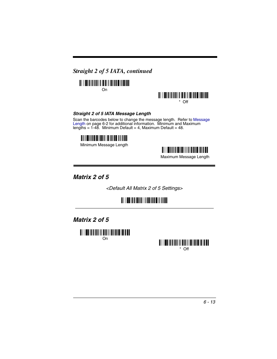 Straight 2 of 5 iata message length, Matrix 2 of 5, Straight 2 of 5 iata message length -13 | Matrix 2 of 5 -13, Straight 2 of 5 iata, continued | Honeywell 2020 User Manual | Page 101 / 188