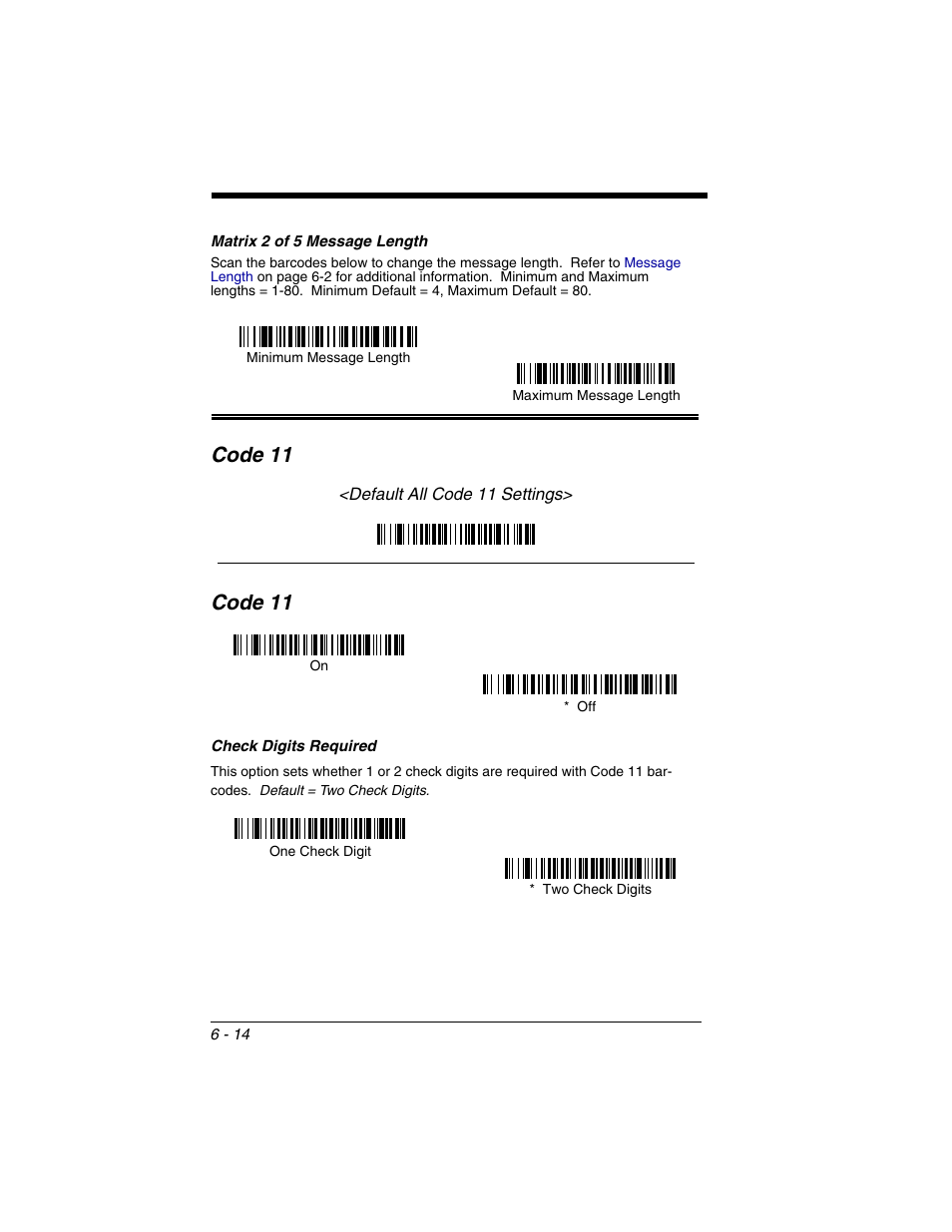 Matrix 2 of 5 message length, Code 11, Check digits required | Matrix 2 of 5 message length -14, Code 11 -14, Check digits required -14 | Honeywell 2020 User Manual | Page 102 / 188