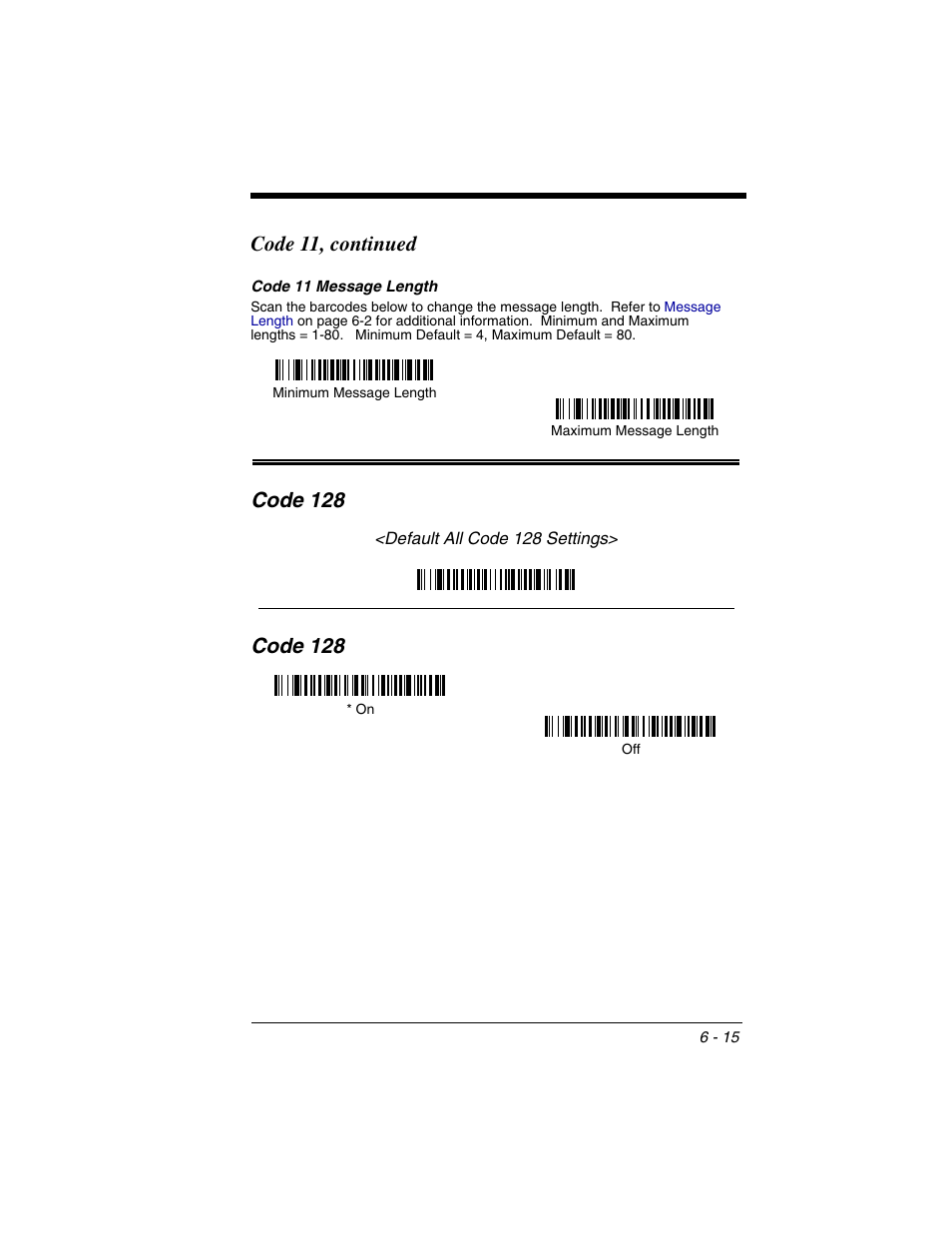 Code 11 message length, Code 128, Code 11 message length -15 | Code 128 -15, Code 11, continued | Honeywell 2020 User Manual | Page 103 / 188