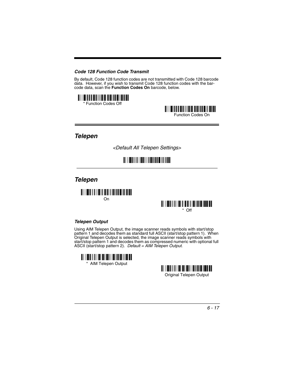 Code 128 function code transmit, Telepen, Telepen output | Code 128 function code transmit -17, Telepen -17, Telepen output -17 | Honeywell 2020 User Manual | Page 105 / 188