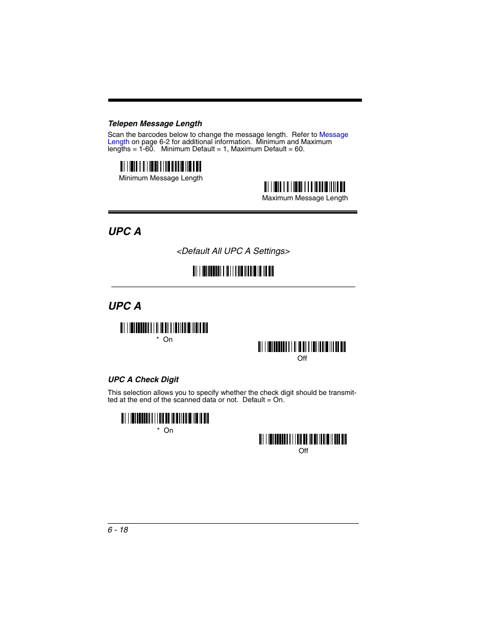 Telepen message length, Upc a, Upc a check digit | Telepen message length -18, Upc a -18, Upc a check digit -18 | Honeywell 2020 User Manual | Page 106 / 188