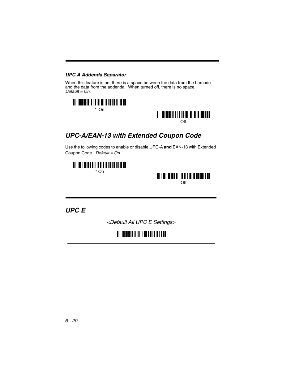 Upc a addenda separator, Upc-a/ean-13 with extended coupon code, Upc a addenda separator -20 | Upc-a/ean-13 with extended coupon code -20, Upc e | Honeywell 2020 User Manual | Page 108 / 188