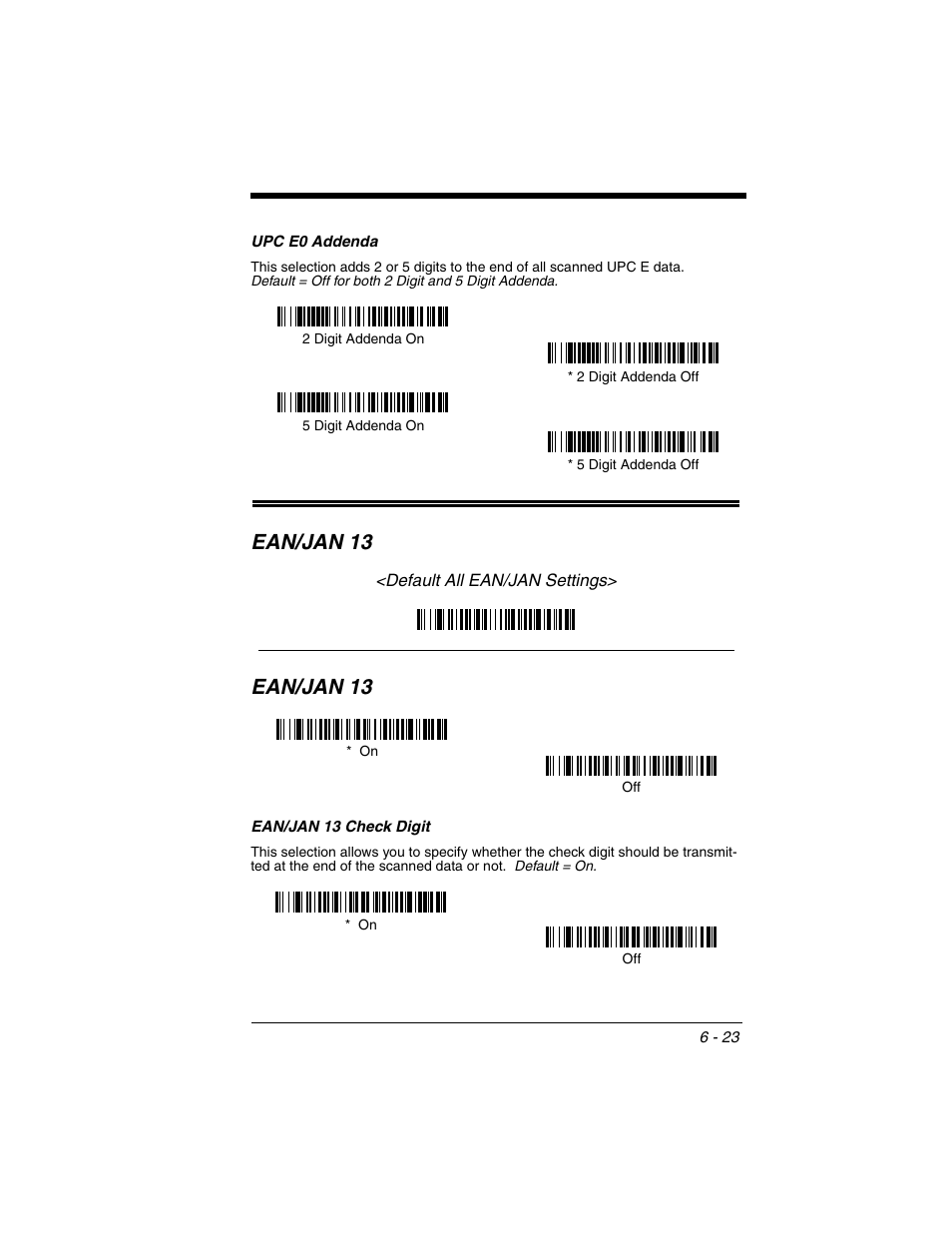 Upc e0 addenda, Ean/jan 13, Ean/jan 13 check digit | Upc e0 addenda -23, Ean/jan 13 -23, Ean/jan 13 check digit -23 | Honeywell 2020 User Manual | Page 111 / 188