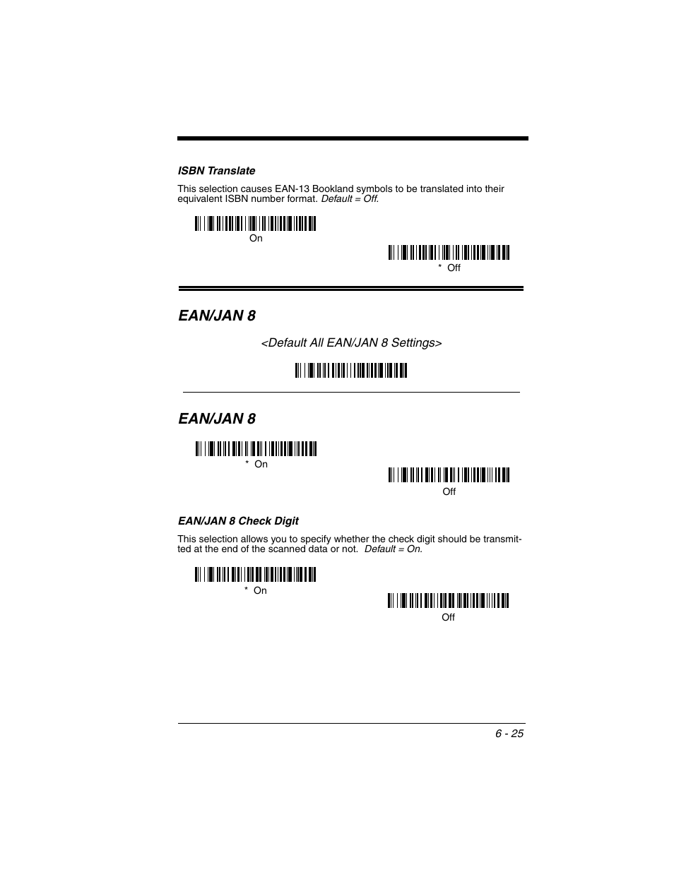 Isbn translate, Ean/jan 8, Ean/jan 8 check digit | Isbn translate -25, Ean/jan 8 -25, Ean/jan 8 check digit -25 | Honeywell 2020 User Manual | Page 113 / 188