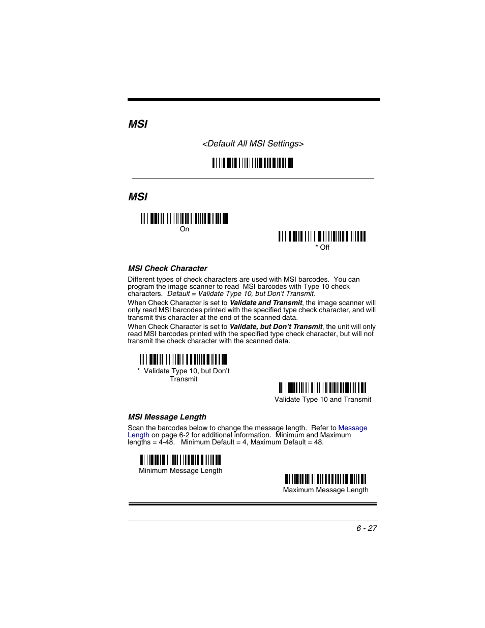 Msi check character, Msi message length, Msi -27 | Msi check character -27 msi message length -27 | Honeywell 2020 User Manual | Page 115 / 188