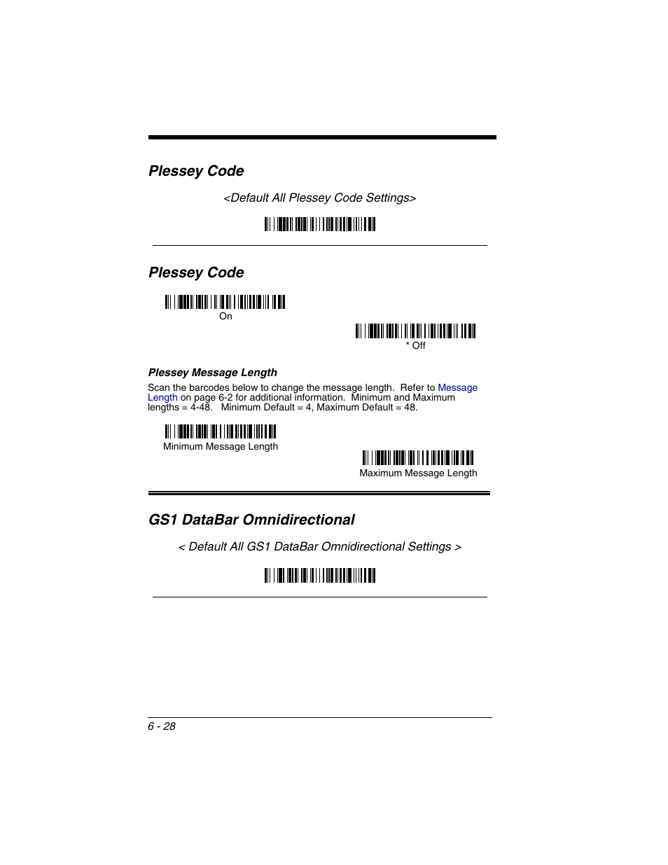 Plessey code, Plessey message length, Plessey code -28 | Plessey message length -28, Gs1 databar omnidirectional | Honeywell 2020 User Manual | Page 116 / 188