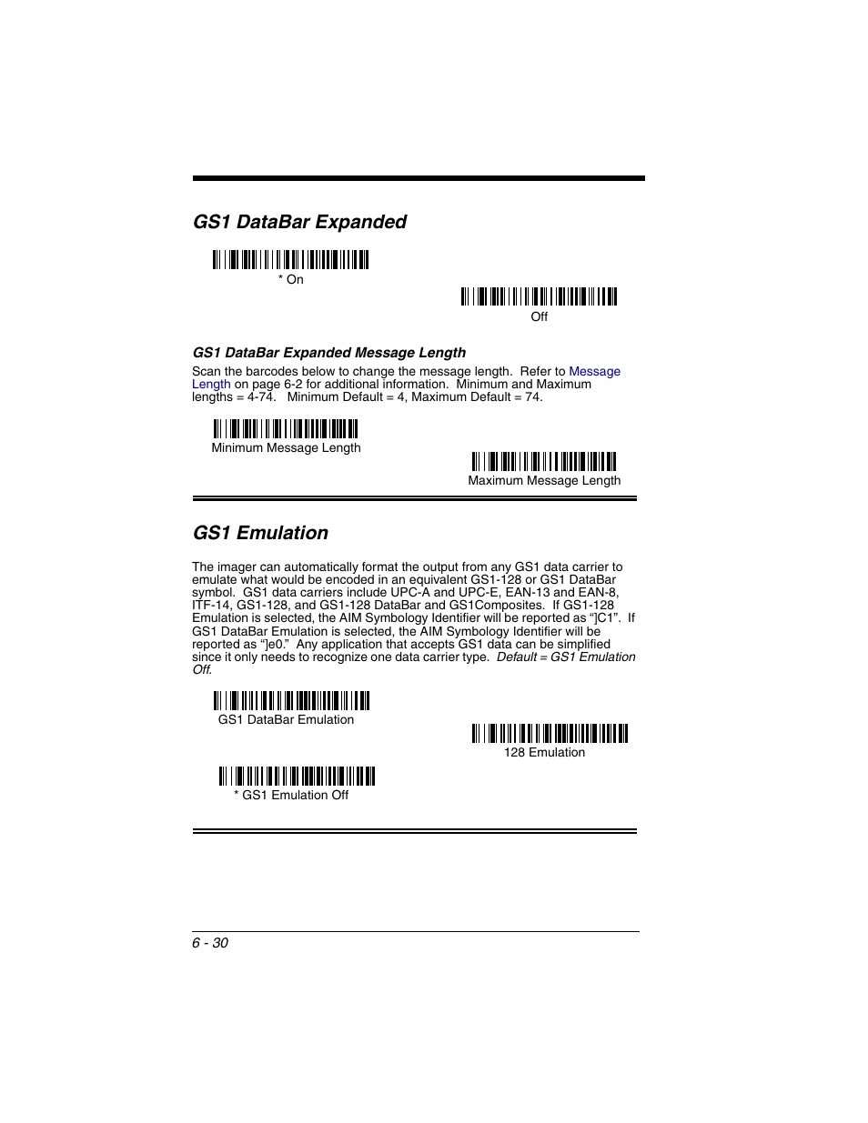 Gs1 databar expanded, Gs1 databar expanded message length, Gs1 emulation | Gs1 databar expanded -30, Gs1 databar expanded message length -30, Gs1 emulation -30 | Honeywell 2020 User Manual | Page 118 / 188