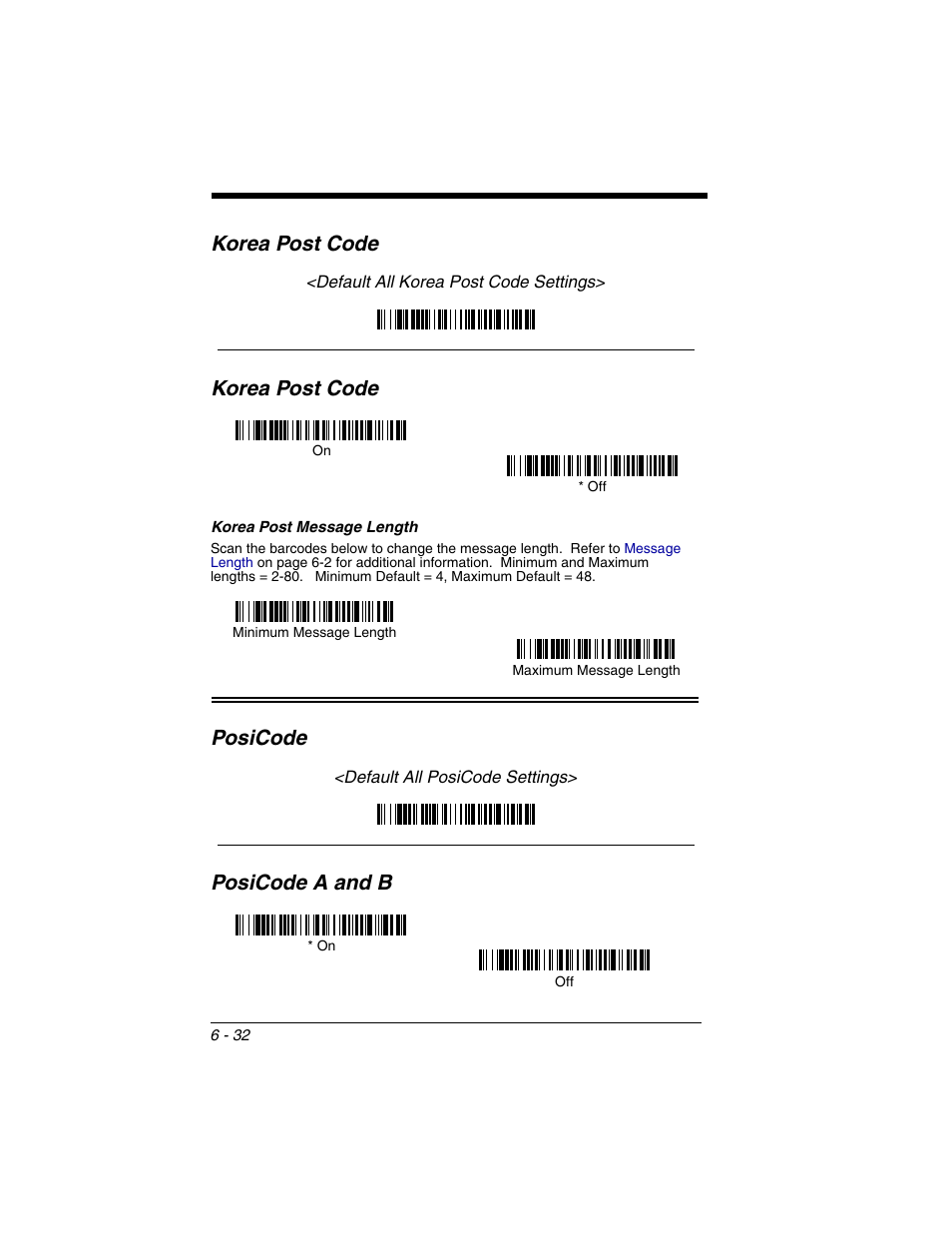 Korea post code, Korea post message length, Posicode a and b | Korea post code -32, Korea post message length -32, Posicode a and b -32, Posicode | Honeywell 2020 User Manual | Page 120 / 188