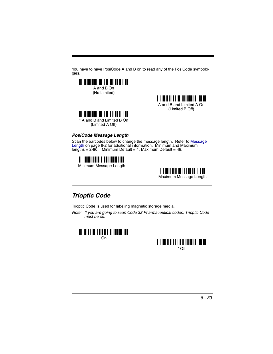 Posicode message length, Trioptic code, Posicode message length -33 | Trioptic code -33 | Honeywell 2020 User Manual | Page 121 / 188