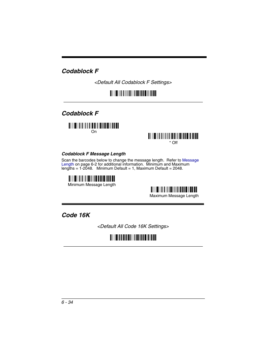 Codablock f, Codablock f message length, Codablock f -34 | Codablock f message length -34, Code 16k | Honeywell 2020 User Manual | Page 122 / 188