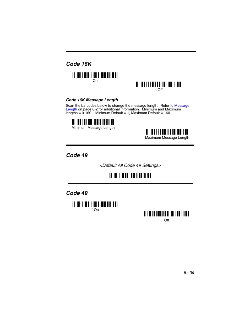 Code 16k, Code 16k message length, Code 49 | Code 16k -35, Code 16k message length -35, Code 49 -35 | Honeywell 2020 User Manual | Page 123 / 188