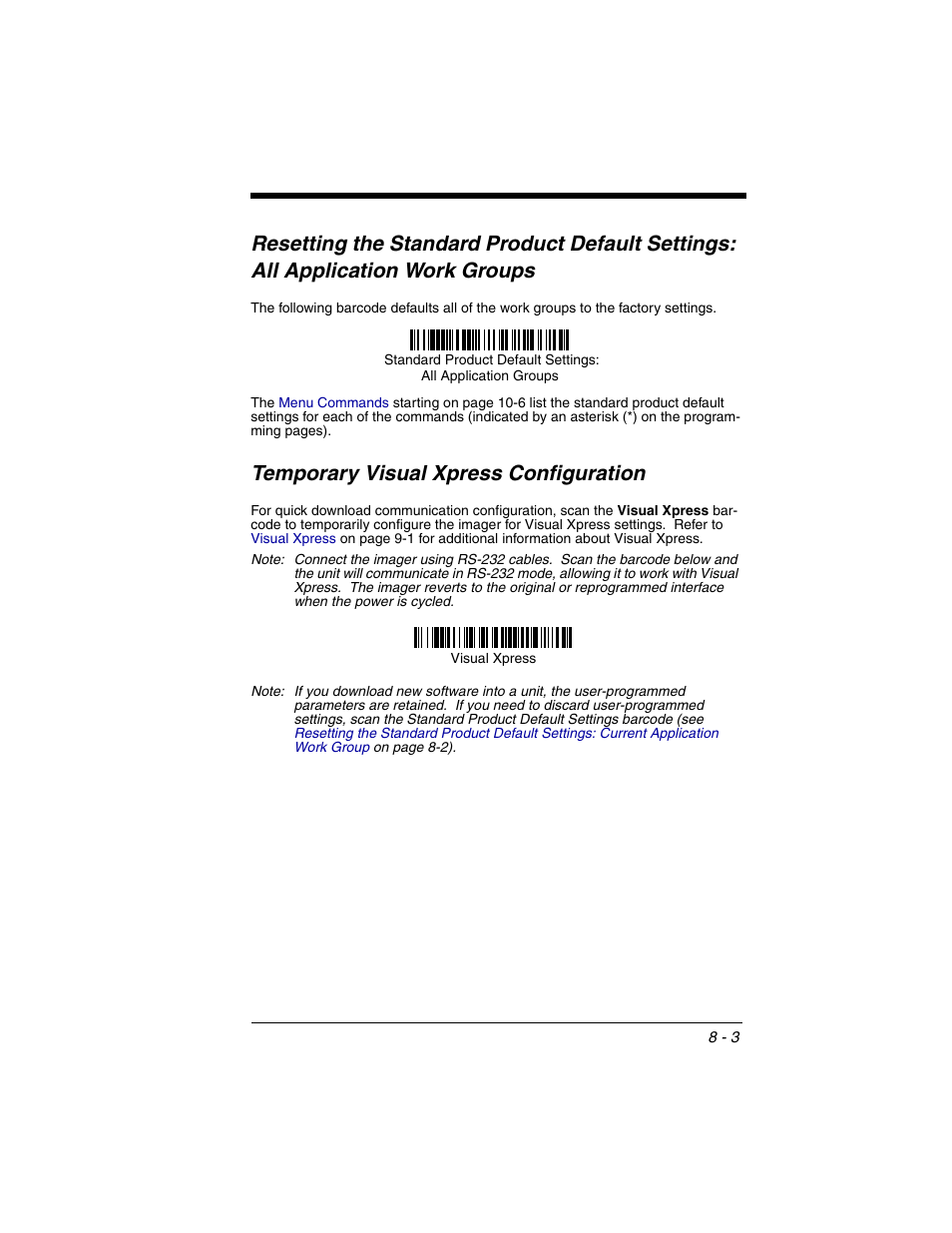 Temporary visual xpress configuration, Resetting the standard product default settings, Temporary visual xpress configuration -3 | Honeywell 2020 User Manual | Page 133 / 188
