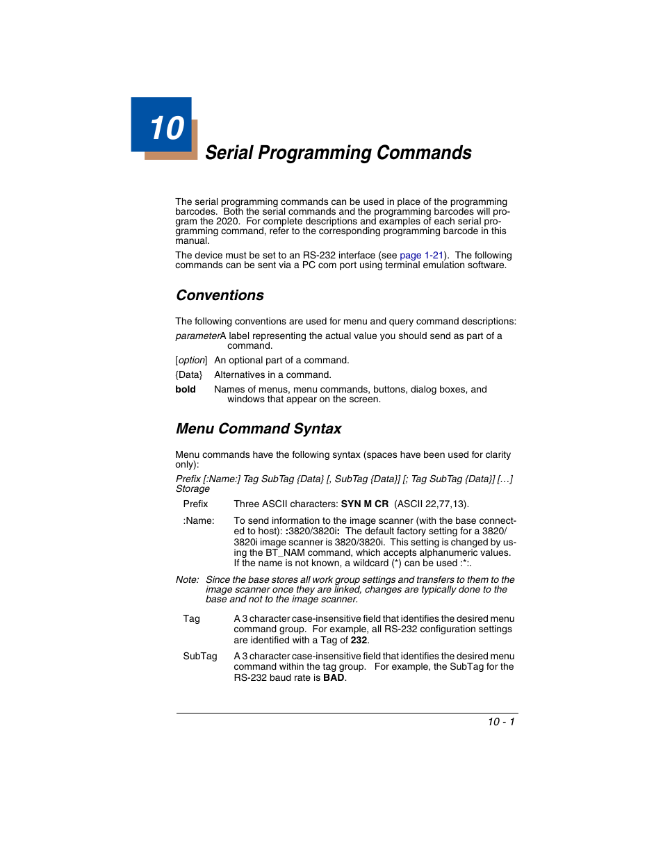 Serial programming commands, Conventions, Menu command syntax | Chapter 10 - serial programming commands, Conventions -1, Menu command syntax -1, Chapter 10, R to, Menu command, Syntax | Honeywell 2020 User Manual | Page 137 / 188