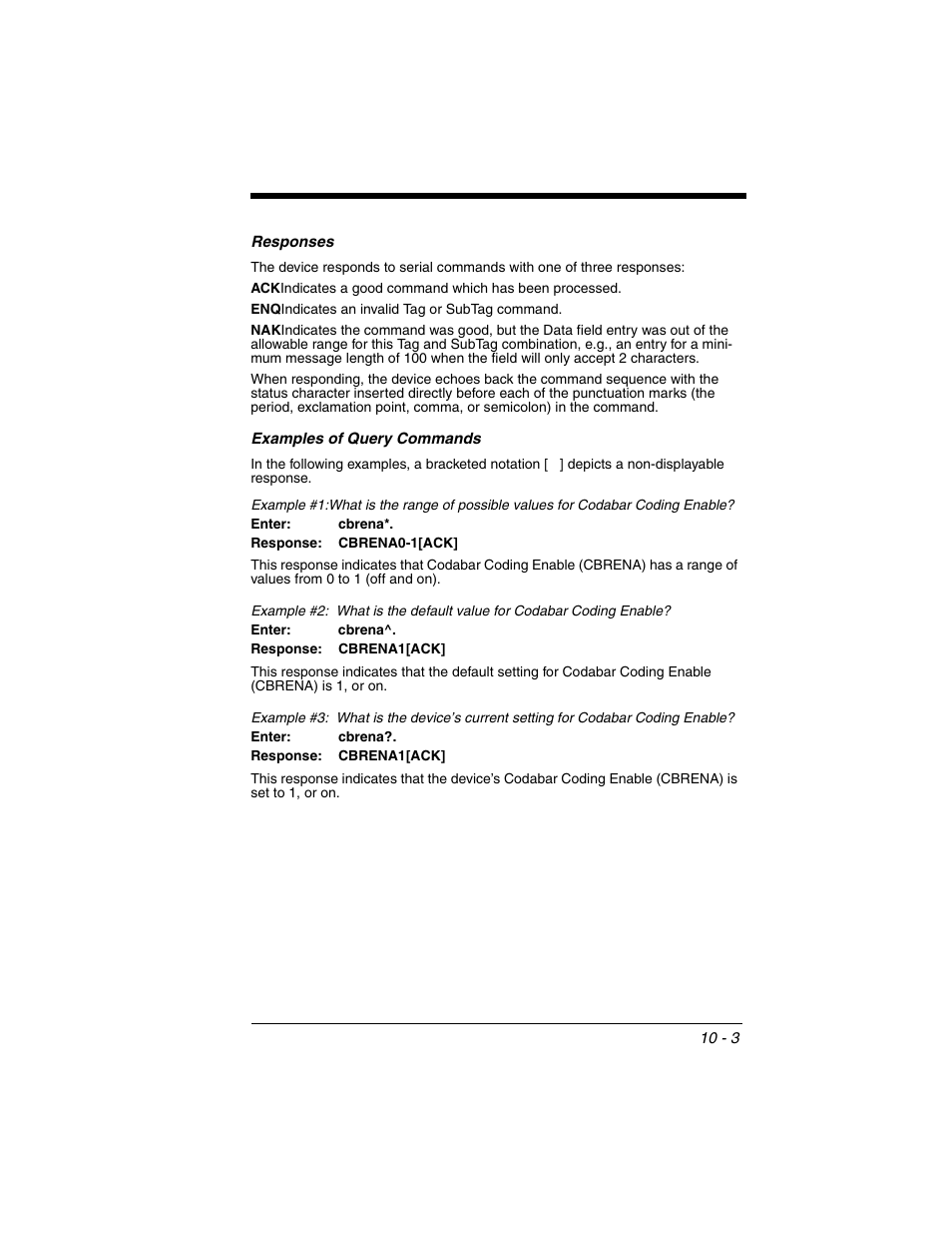 Responses, Examples of query commands, Responses -3 examples of query commands -3 | Honeywell 2020 User Manual | Page 139 / 188