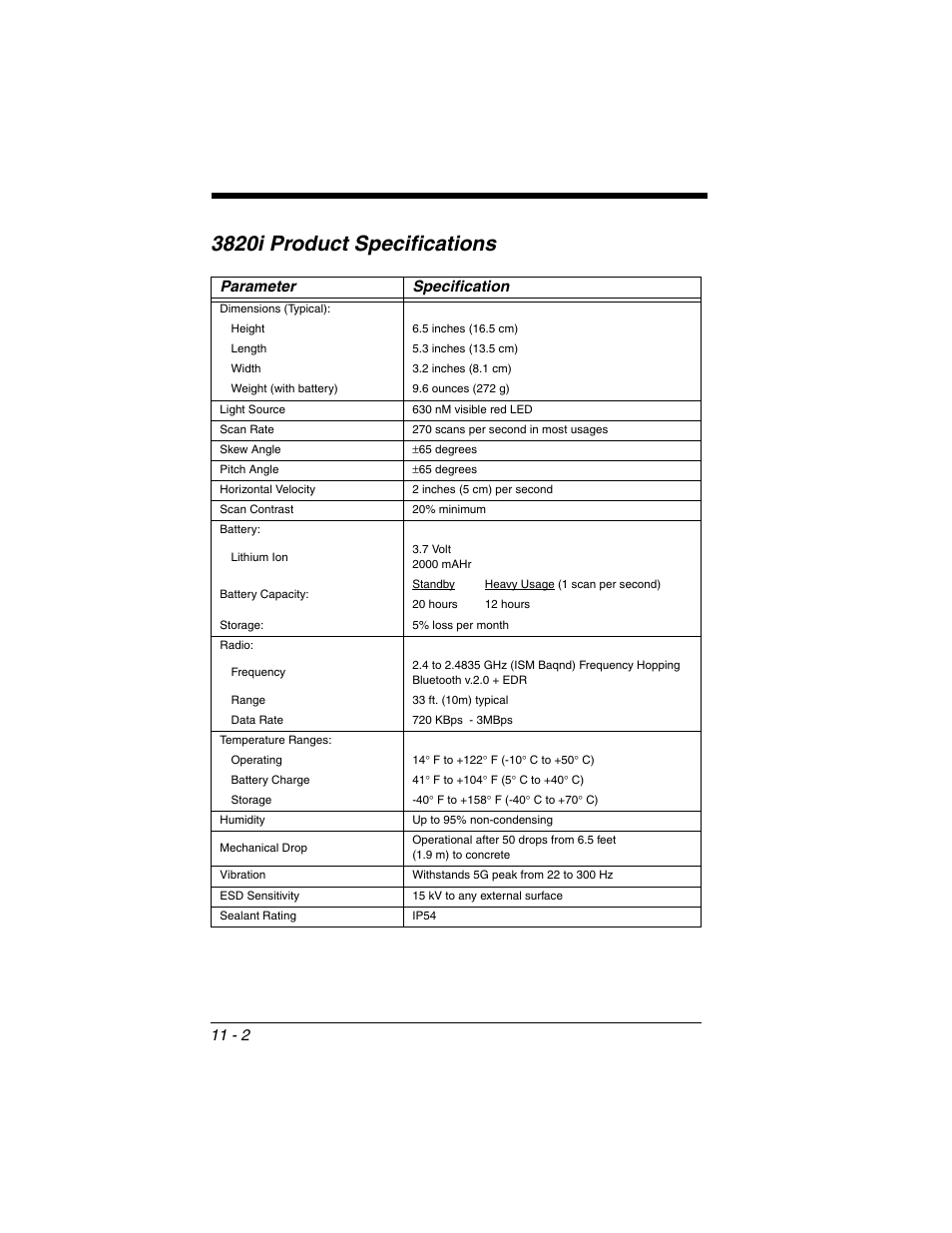 3820i product specifications, 3820i product specifications -2, Parameter specification | Honeywell 2020 User Manual | Page 162 / 188