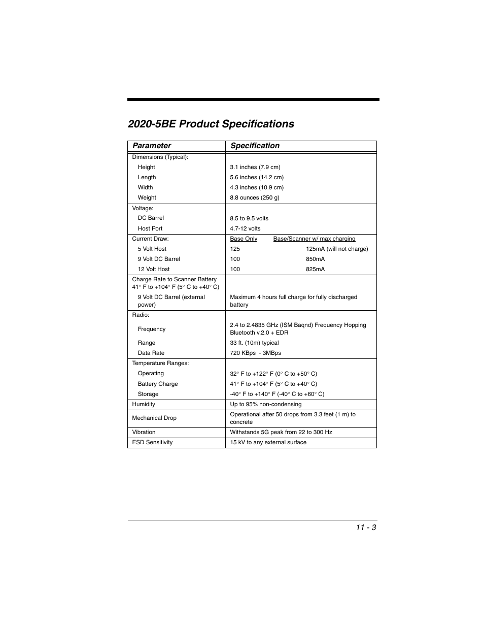 2020-5be product specifications, 2020-5be product specifications -3, Parameter specification | Honeywell 2020 User Manual | Page 163 / 188