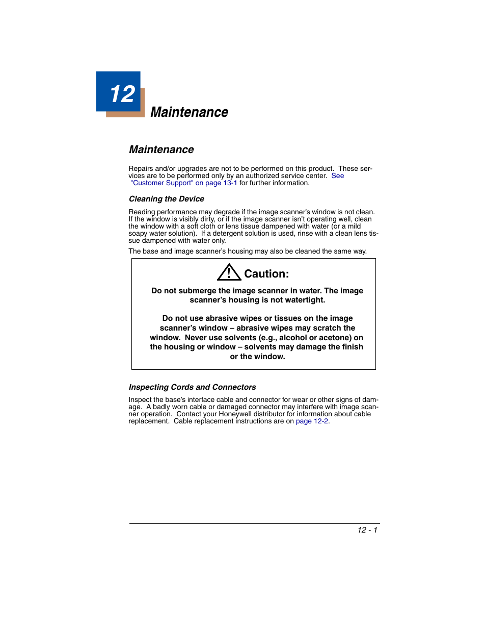 Maintenance, Cleaning the device, Inspecting cords and connectors | Chapter 12 - maintenance, Maintenance -1 | Honeywell 2020 User Manual | Page 169 / 188