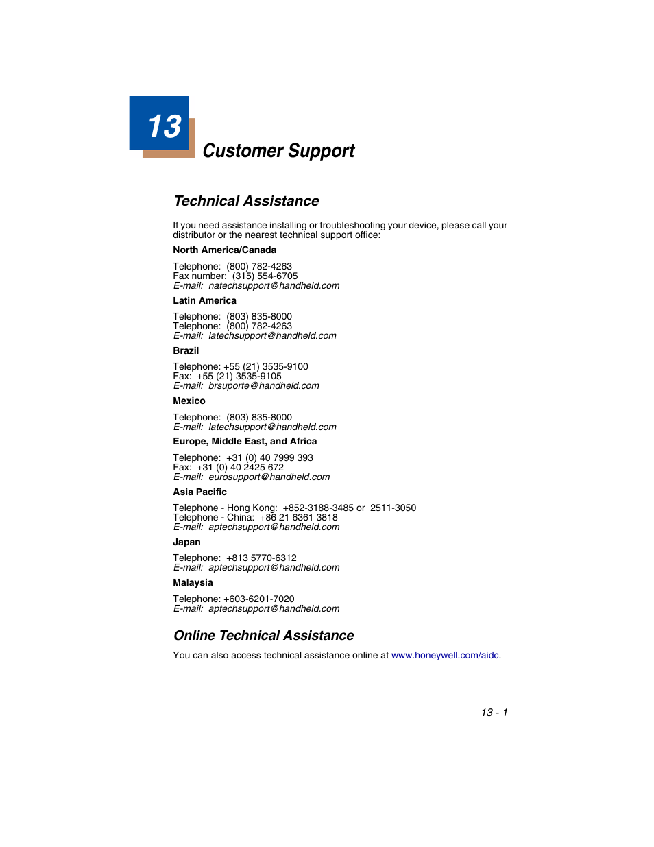 Customer support, Technical assistance, Online technical assistance | Chapter 13 - customer support, Technical assistance -1, Online technical assistance -1 | Honeywell 2020 User Manual | Page 173 / 188