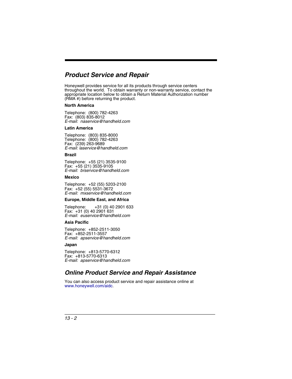 Product service and repair, Online product service and repair assistance, Product service and repair -2 | Online product service and repair assistance -2 | Honeywell 2020 User Manual | Page 174 / 188