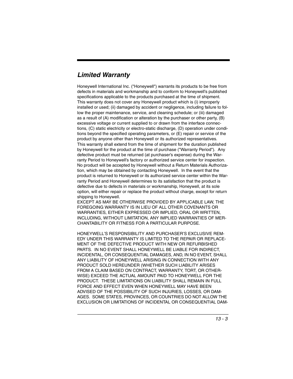 Limited warranty, Limited warranty -3 | Honeywell 2020 User Manual | Page 175 / 188
