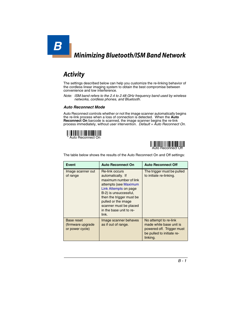 Minimizing bluetooth/ism band network activity, Auto reconnect mode, Efer to | Beginning on | Honeywell 2020 User Manual | Page 181 / 188