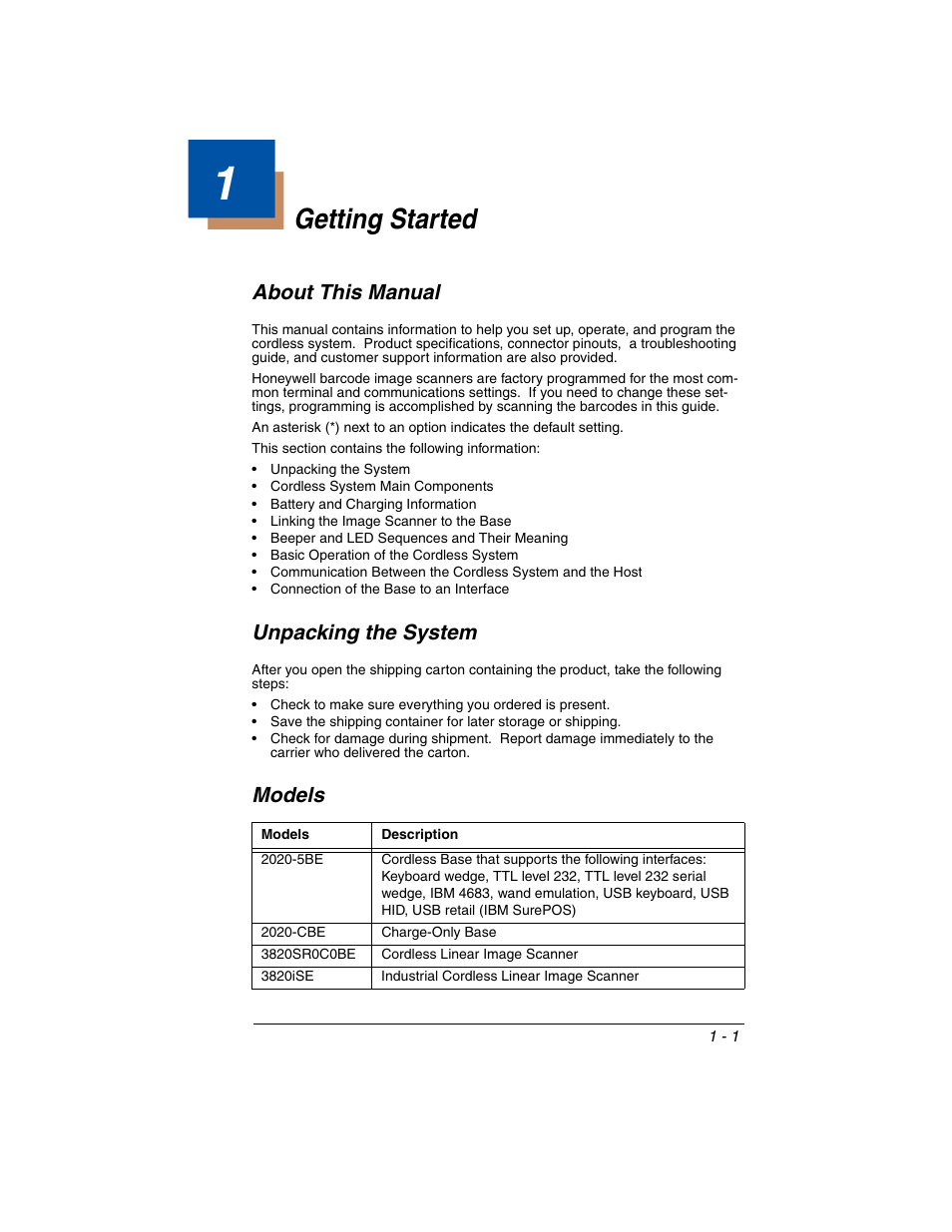 Getting started, About this manual, Unpacking the system | Models, Chapter 1 - getting started | Honeywell 2020 User Manual | Page 19 / 188