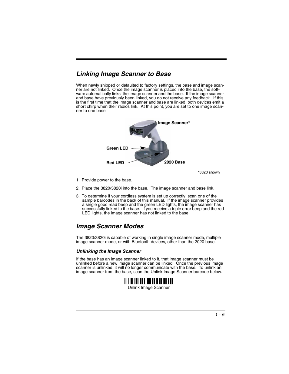Linking image scanner to base, Image scanner modes, Unlinking the image scanner | Unlinking the image scanner -5 | Honeywell 2020 User Manual | Page 23 / 188