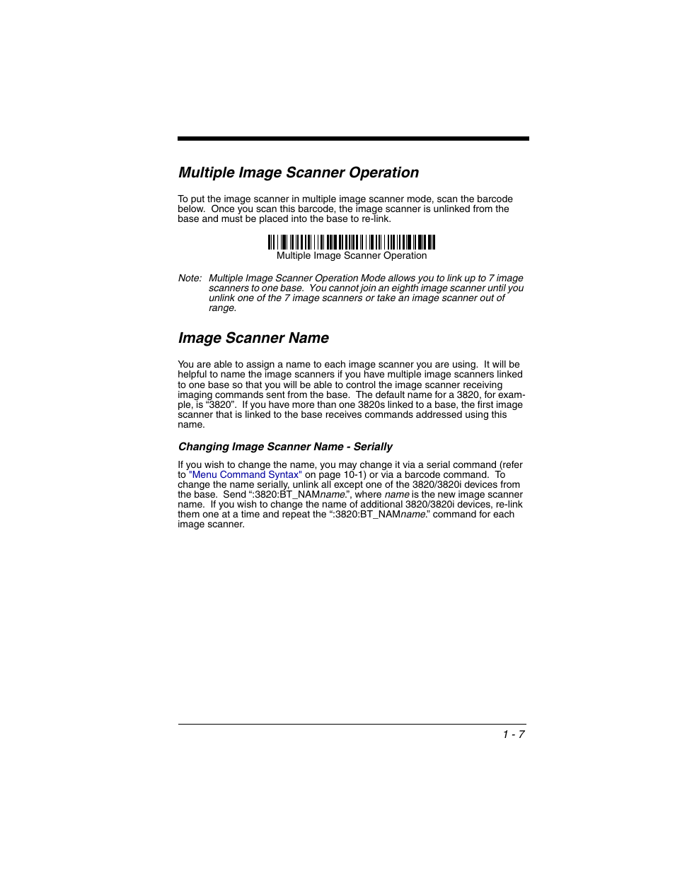 Multiple image scanner operation, Image scanner name, Changing image scanner name - serially | Changing image scanner name - serially -7 | Honeywell 2020 User Manual | Page 25 / 188