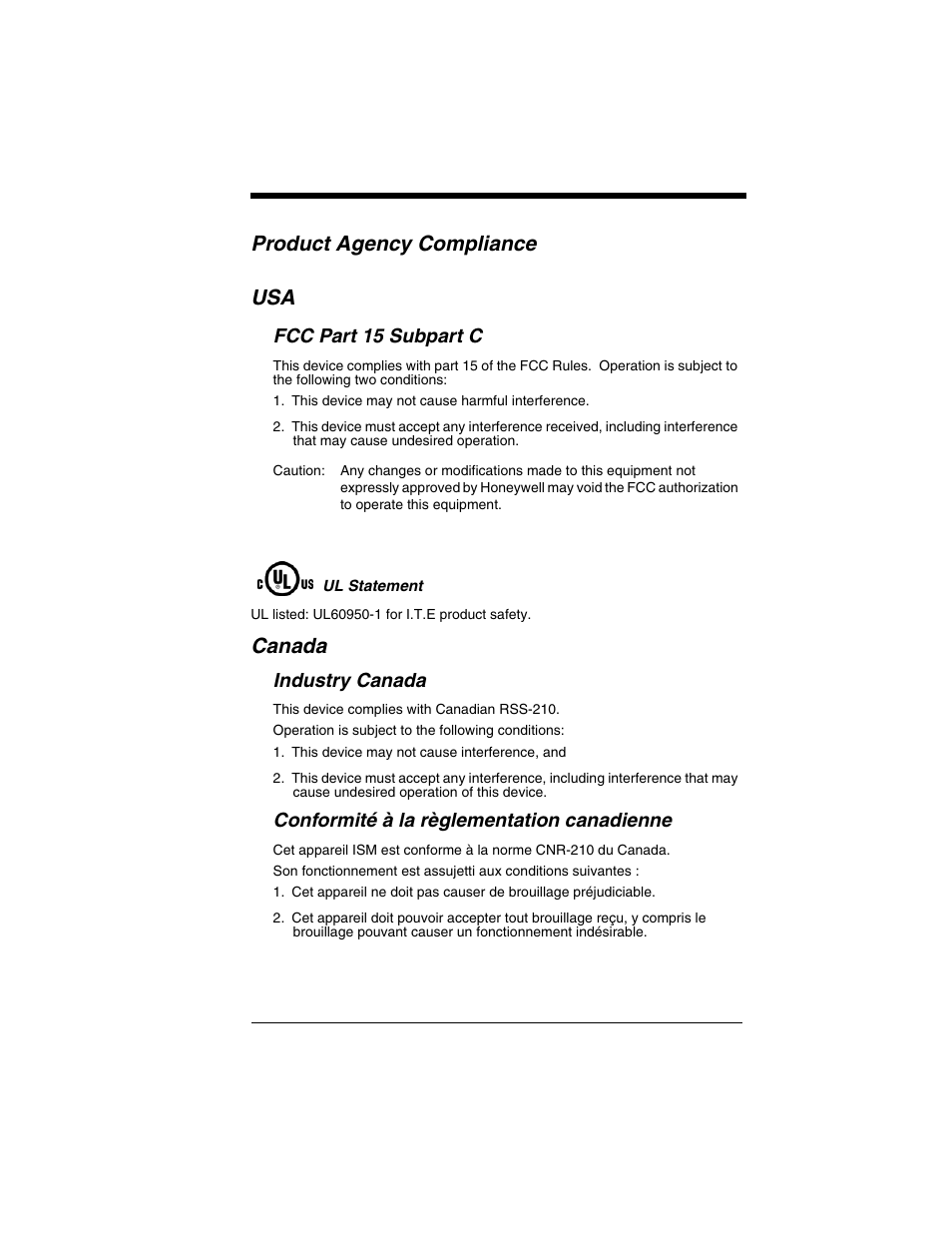Product agency compliance usa, Canada, Fcc part 15 subpart c | Industry canada, Conformité à la règlementation canadienne | Honeywell 2020 User Manual | Page 3 / 188