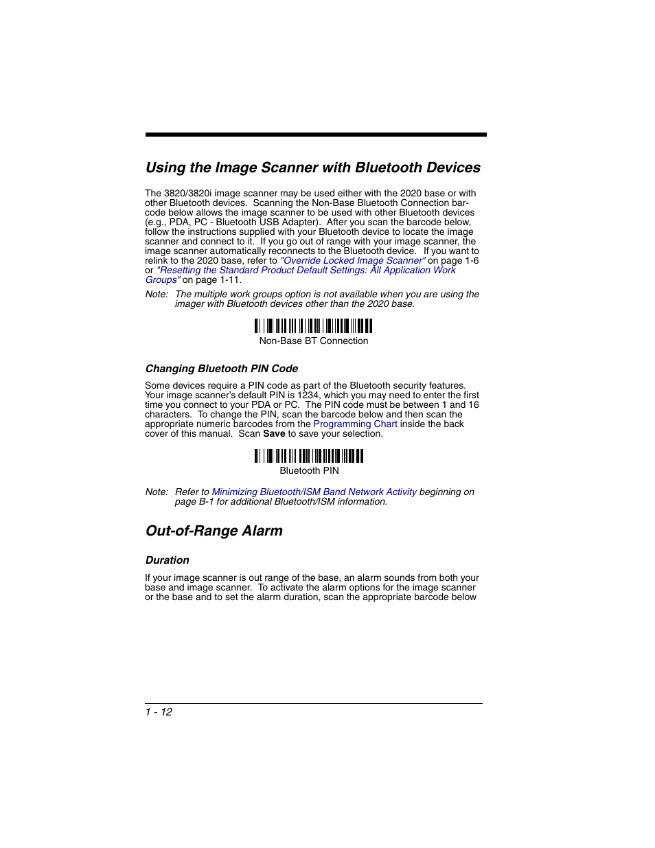 Using the image scanner with bluetooth devices, Changing bluetooth pin code, Out-of-range alarm | Duration, Using the image scanner with bluetooth devices -12, Changing bluetooth pin code -12, Out-of-range alarm -12, Duration -12 | Honeywell 2020 User Manual | Page 30 / 188