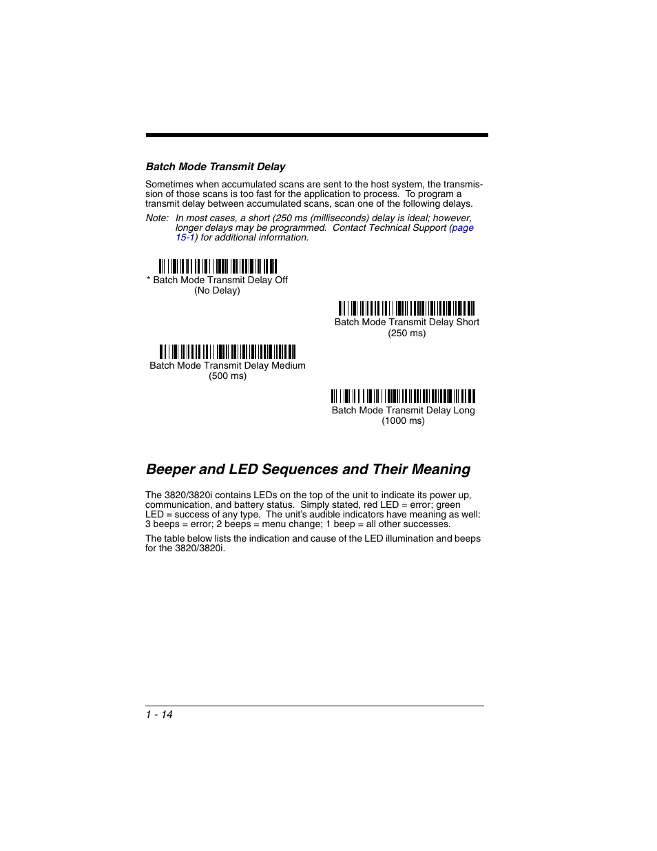 Batch mode transmit delay, Beeper and led sequences and their meaning, Batch mode transmit delay -14 | Beeper and led sequences and their meaning -14 | Honeywell 2020 User Manual | Page 32 / 188