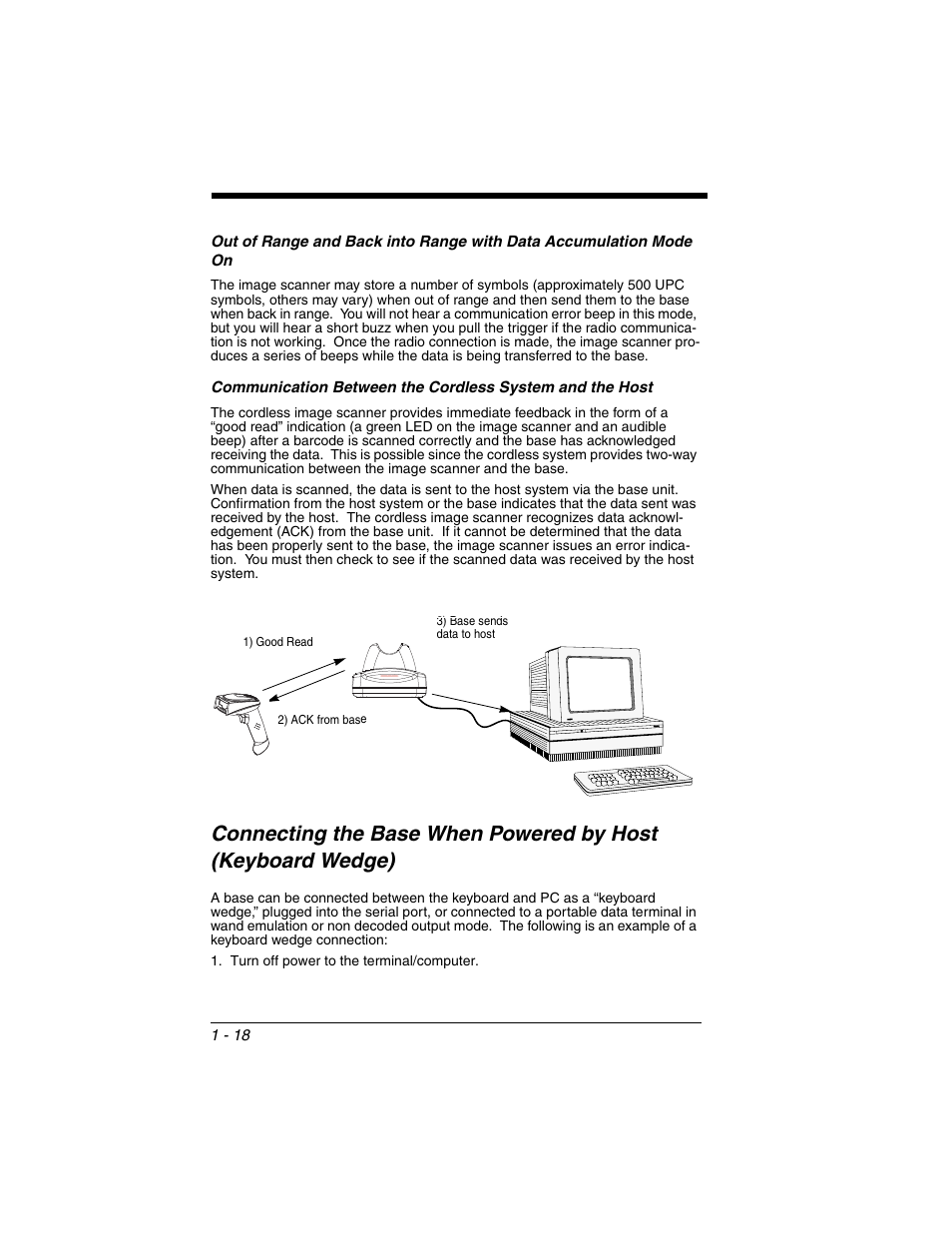 Communication between the cordless system, Connecting the base when powered by host, Keyboard wedge) -18 | Honeywell 2020 User Manual | Page 36 / 188