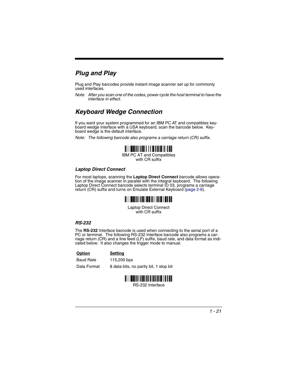 Plug and play, Keyboard wedge connection, Laptop direct connect | Rs-232, Plug and play -21 keyboard wedge connection -21, Laptop direct connect -21 rs-232 -21, Board wedge interface. see, Keyboard wedge, Connection | Honeywell 2020 User Manual | Page 39 / 188